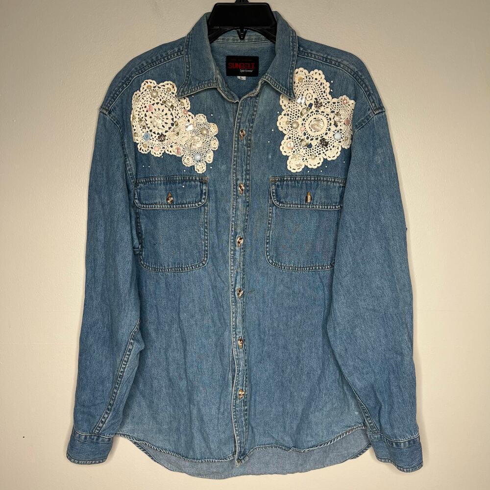 Vintage Sunbelt Sportswear Embellished Denim Long Sleeve Size Large *Flaw